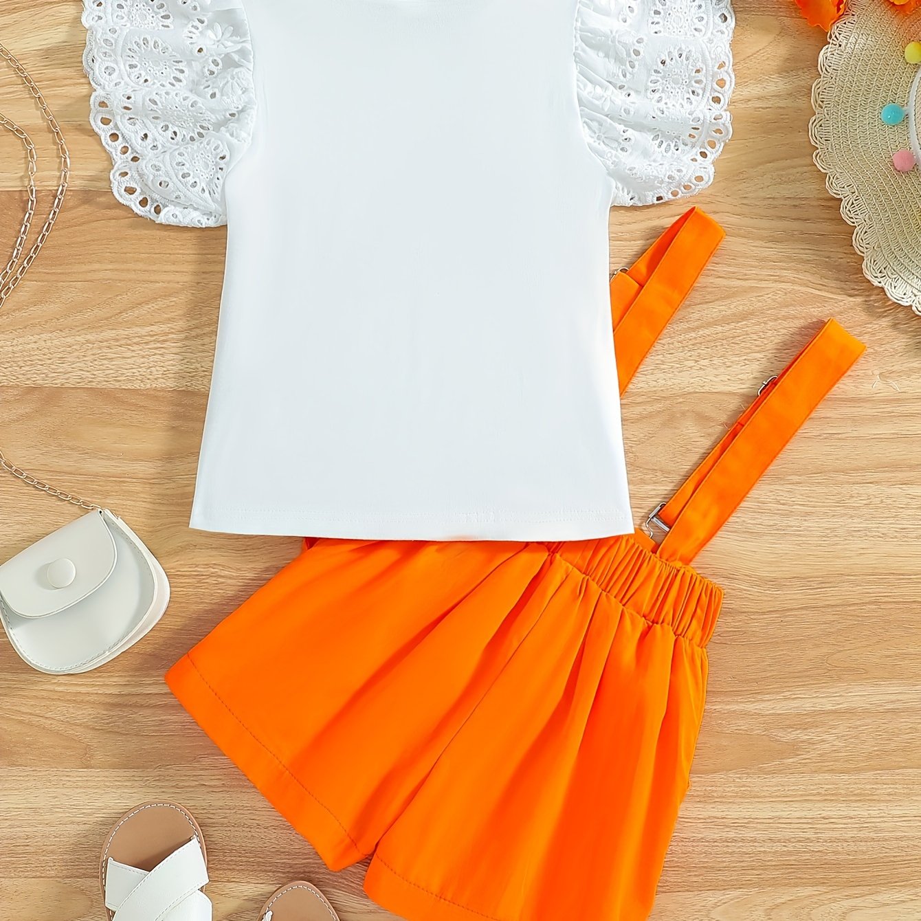 Girls Summer Outfit Ruffle Top and Suspender Shorts Cotton Solid Color Teen