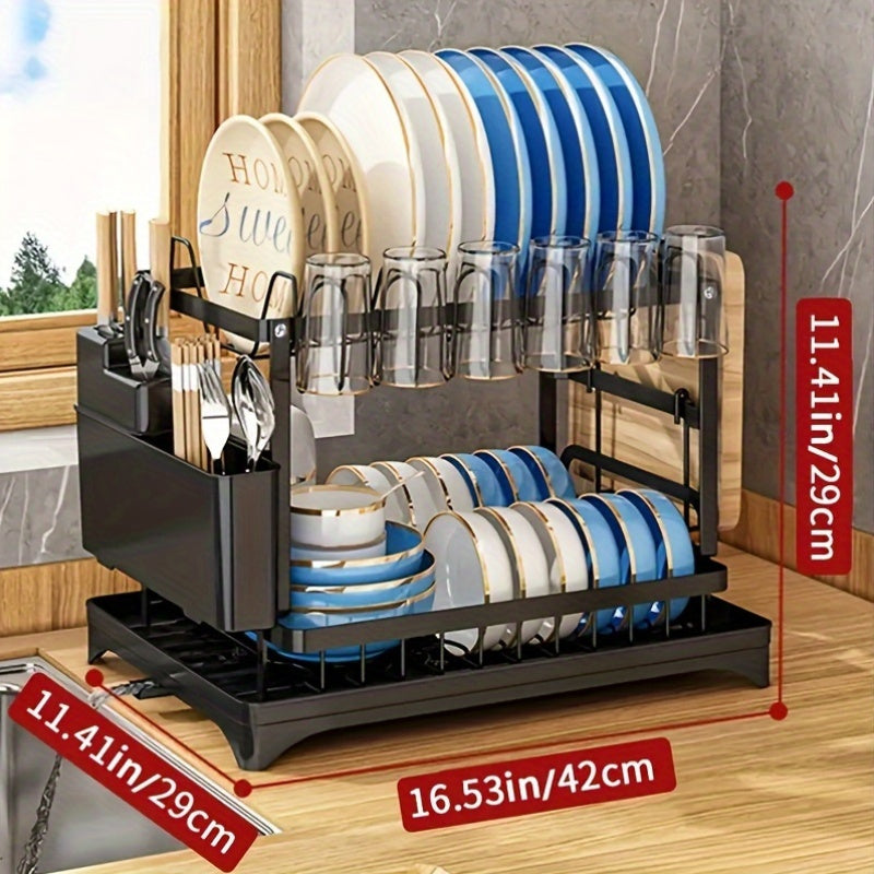 Черная двухъярусная сушилка для посуды над раковиной с крылом для сушки, съемным держателем для столовых приборов, подставкой для чашек и органайзером для столовых приборов - набор кухонных принадлежностей из металла и пластика, не требует электропитания