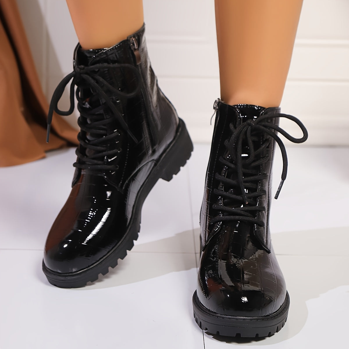 Women's Mid Heel Platform Boots with Crocodile Pattern Zipper Closure