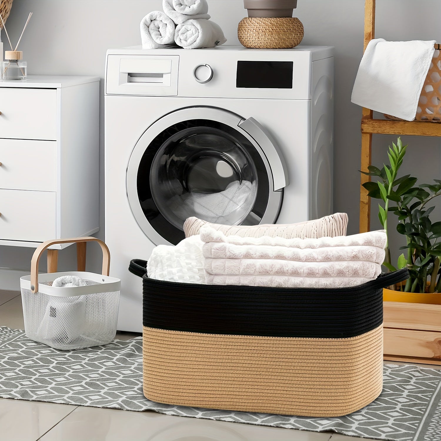 55L Kulrang Arqon To'qilgan Saqlash Savati Qo'llari Bilan - Bolalar uchun ko'p maqsadli o'yinchoq tashkilotchisi, kir, yashash xonasi, bolalar xonasi va yotoqxona - Mustahkam linen aralashmasi, 48.01 sm x 34.04 sm x 11, to'shakka joylashadigan saqlash.