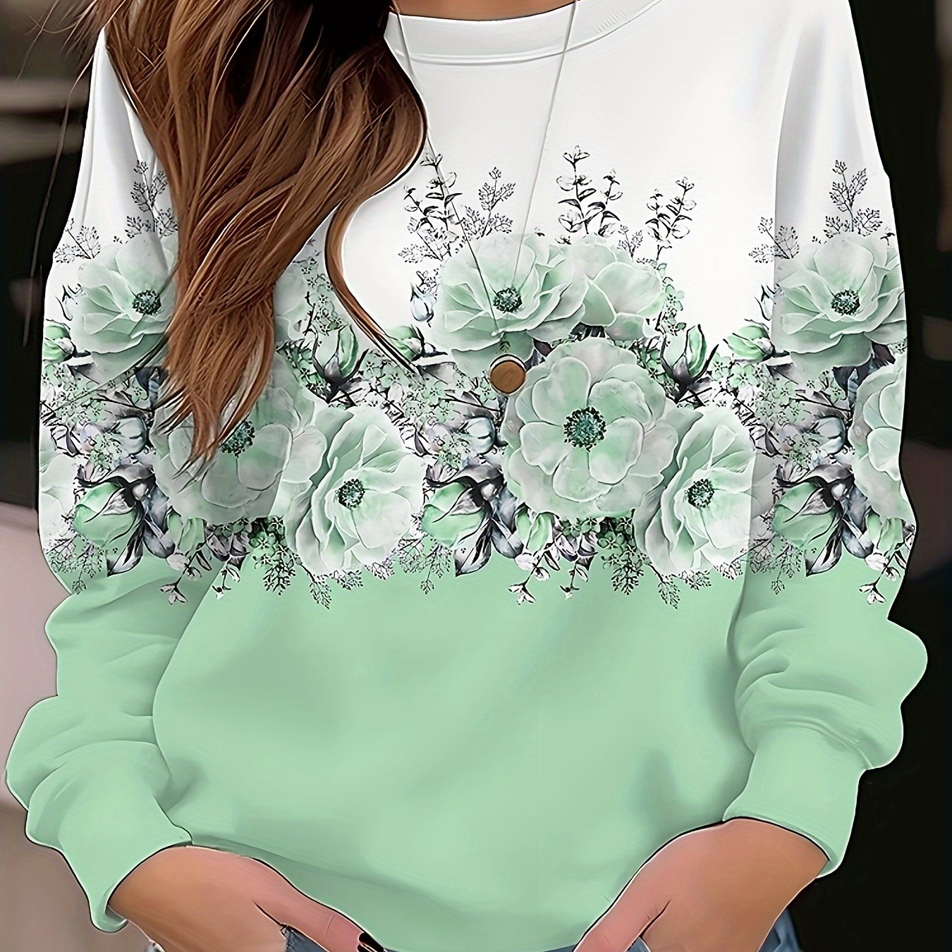 Women's Floral Print Pullover Sweatshirt Pink White Long Sleeve Fall Winter Top