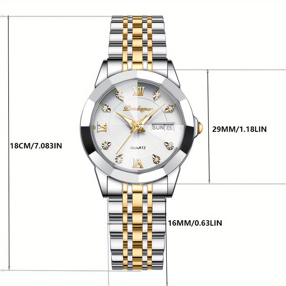 Ayollarlar uchun biznes kvarts soat, yoritilgan sana ko'rsatuvchi, po'lat band, zamonaviy qobiq