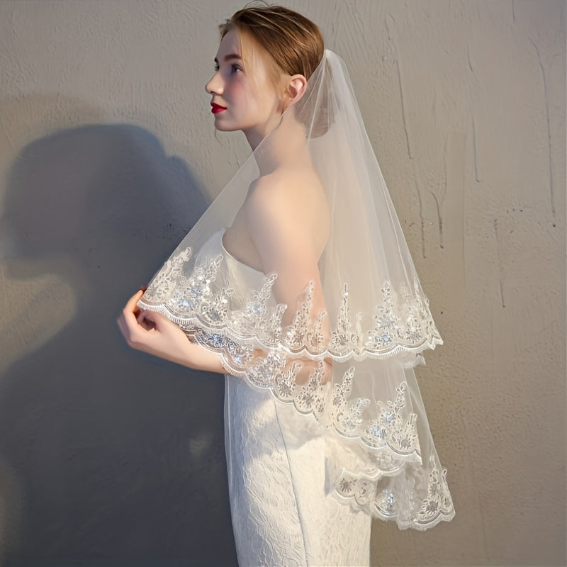 Wedding Veil with Lace Edging and Comb Bridal Hair Accessory for Women