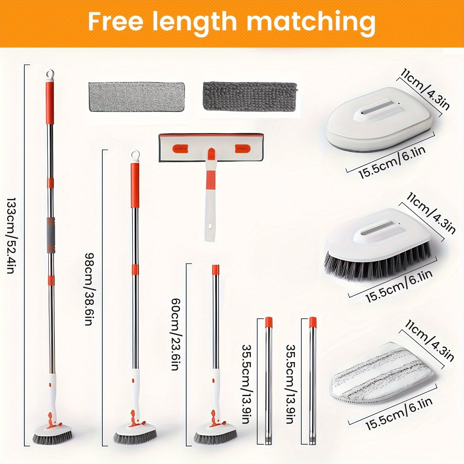 Tozalash uchun asosiy to'plam 10 ta bo'laklar bilan kengaytiriladigan tayoqchalar, cho'tka, mato, squeegee
