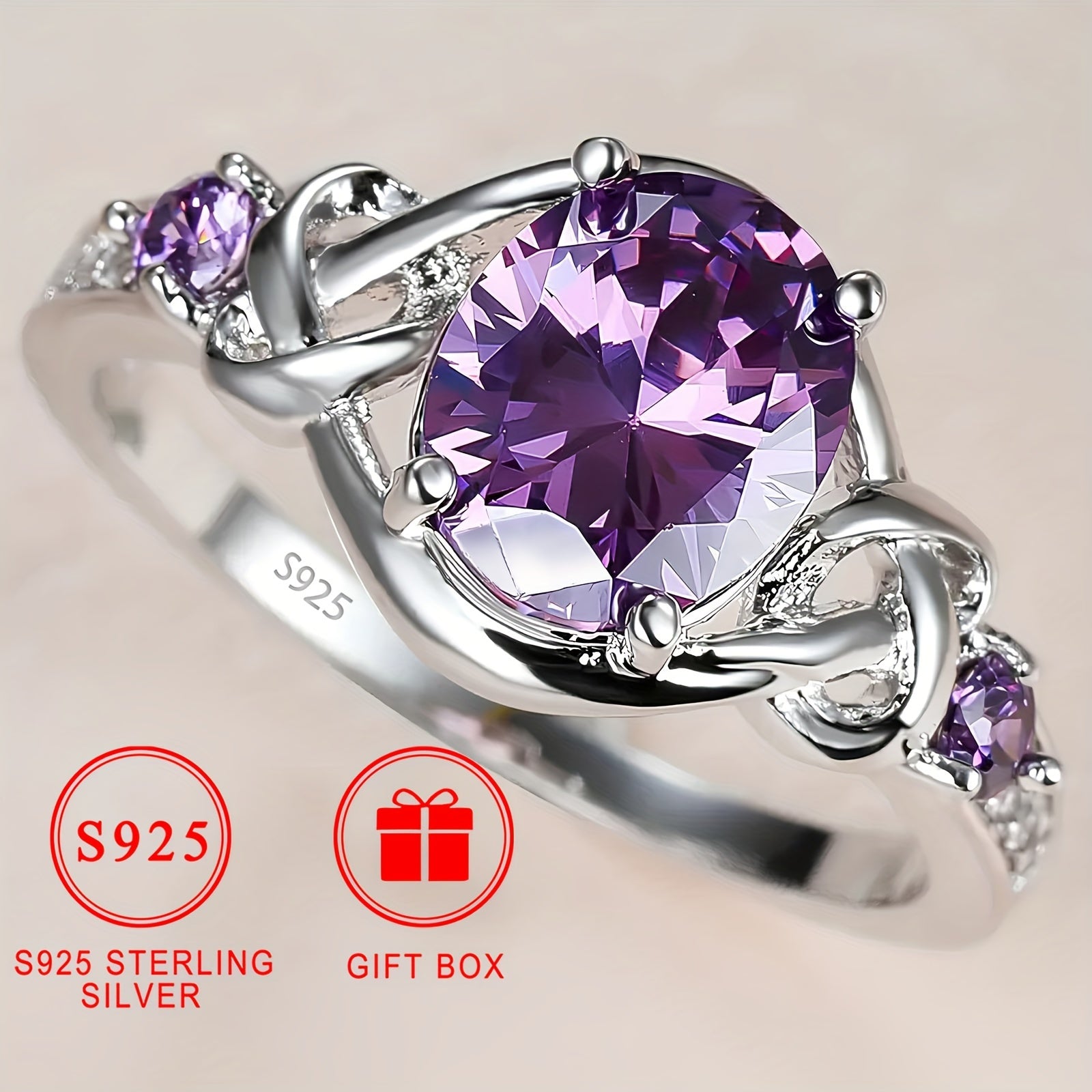 Anillo de compromiso de plata 925 con zirconia cúbica púrpura ovalada y diseño de nudo retorcido de 3 piedras