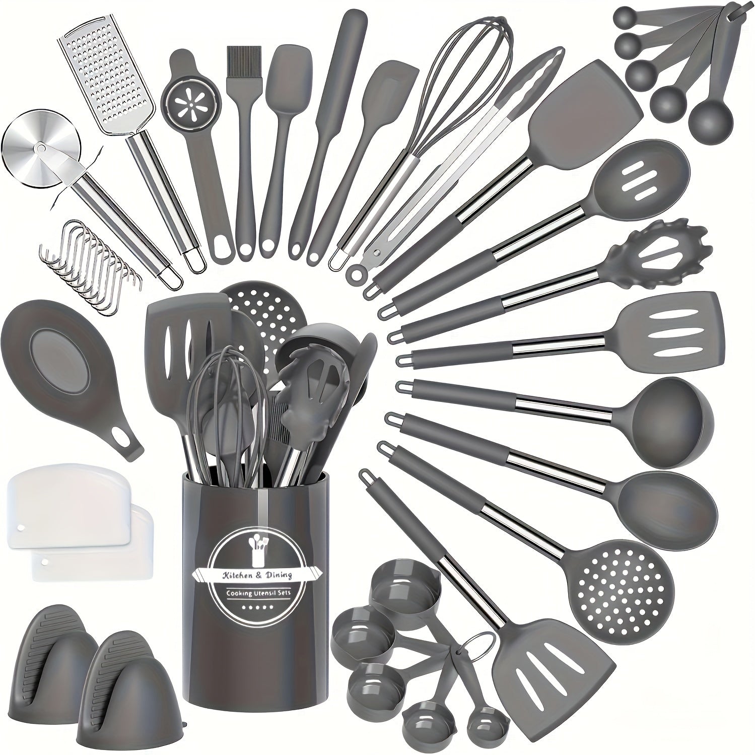 Set of 43 Silicone Kitchen Utensils with Stainless Steel Handles and Storage Bucket