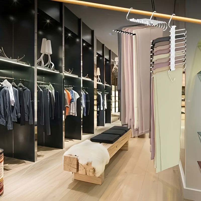 Stainless Steel 9-Tier Space-Saving Pants Hanger with Anti-Slip Coating and 5 Extra Hooks