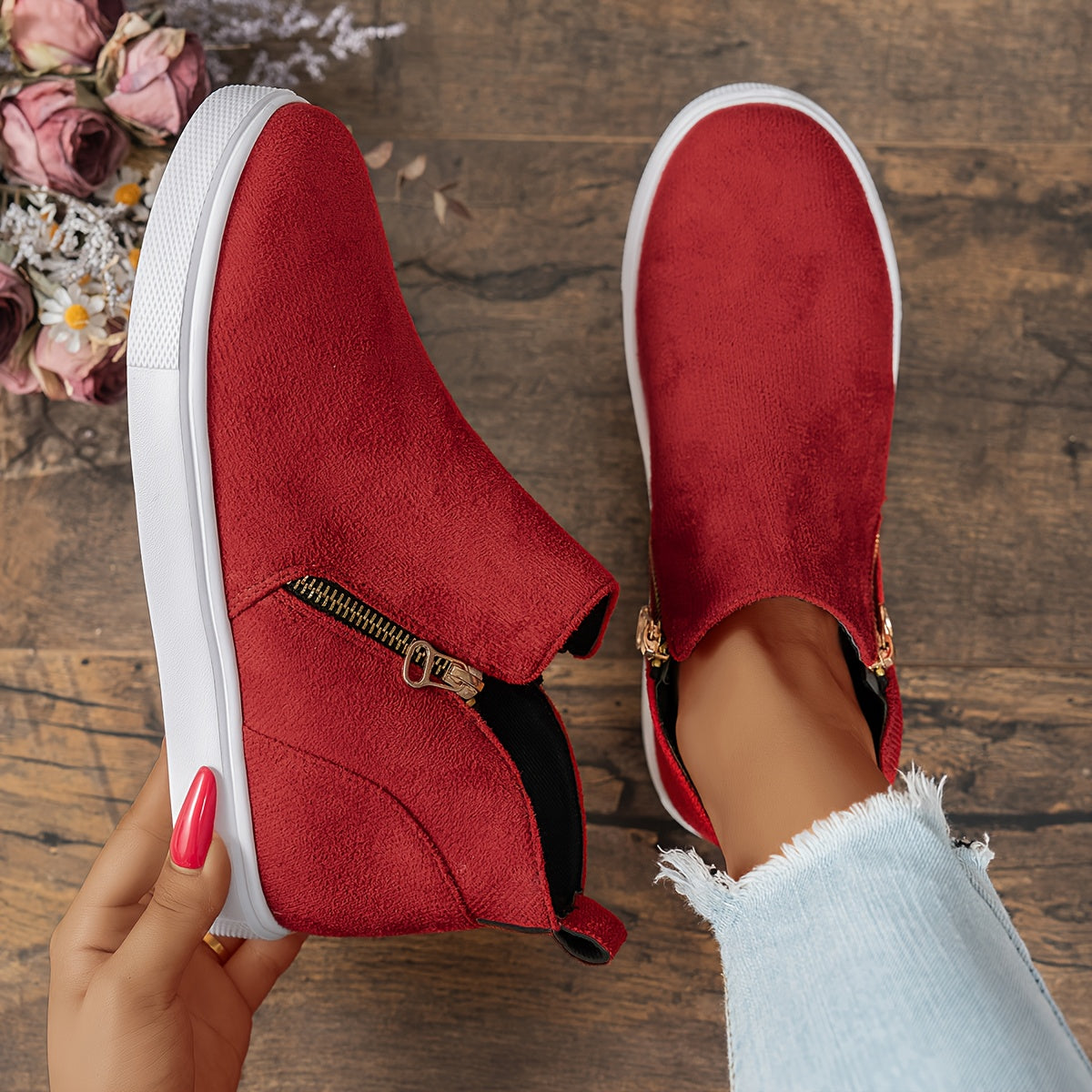 Women's Ankle Boots Retro Solid Color Flat Boots with Side Zipper