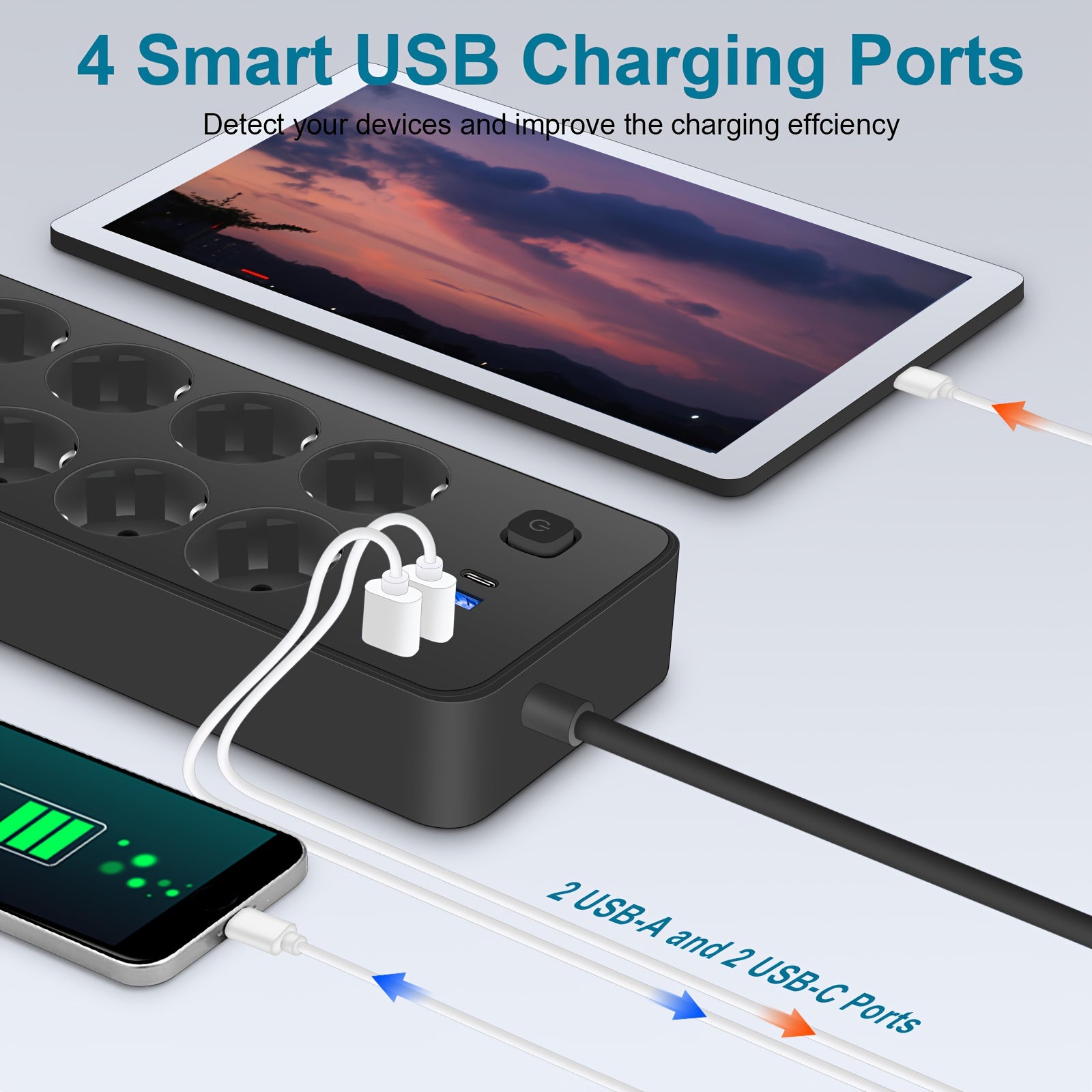 1 dona Surge Protector Power Strip, 6 ta AC chiqishi, 3 ta USB porti (1 ta USB-C) va 182.88 sm uzatma simi bilan. Devorga o'rnatilishi mumkin va Uy Ofisi Yotoqxona zaruriy buyumlari uchun mos.