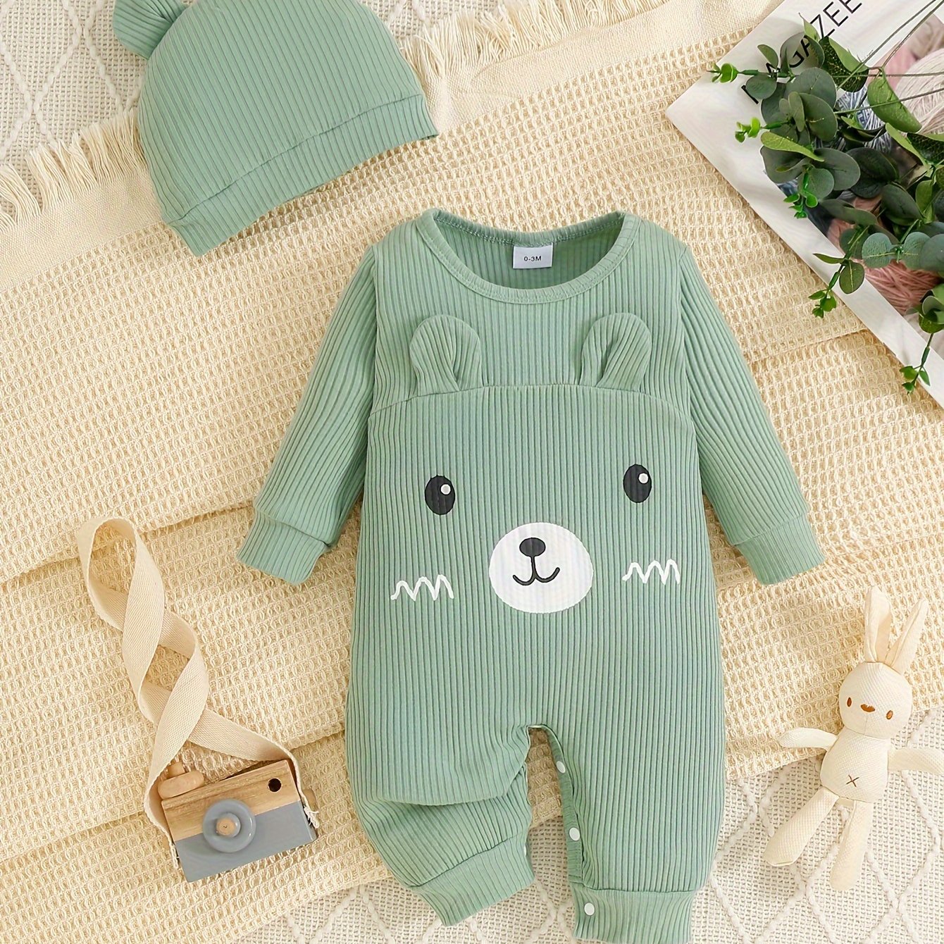 Children's Cotton Jumpsuit with 3D Bear Design and Cozy Hat for Boys