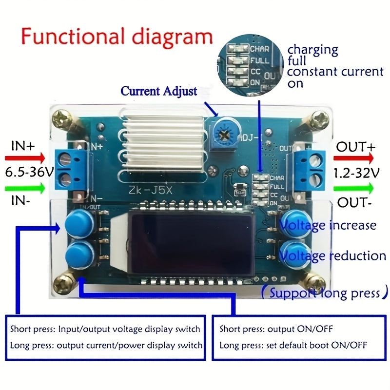 Fuente de alimentación con reducción de voltaje DC con pantalla LCD 6.5-36V a 1.2-32V 5A, convertidor buck ajustable, pack de 2