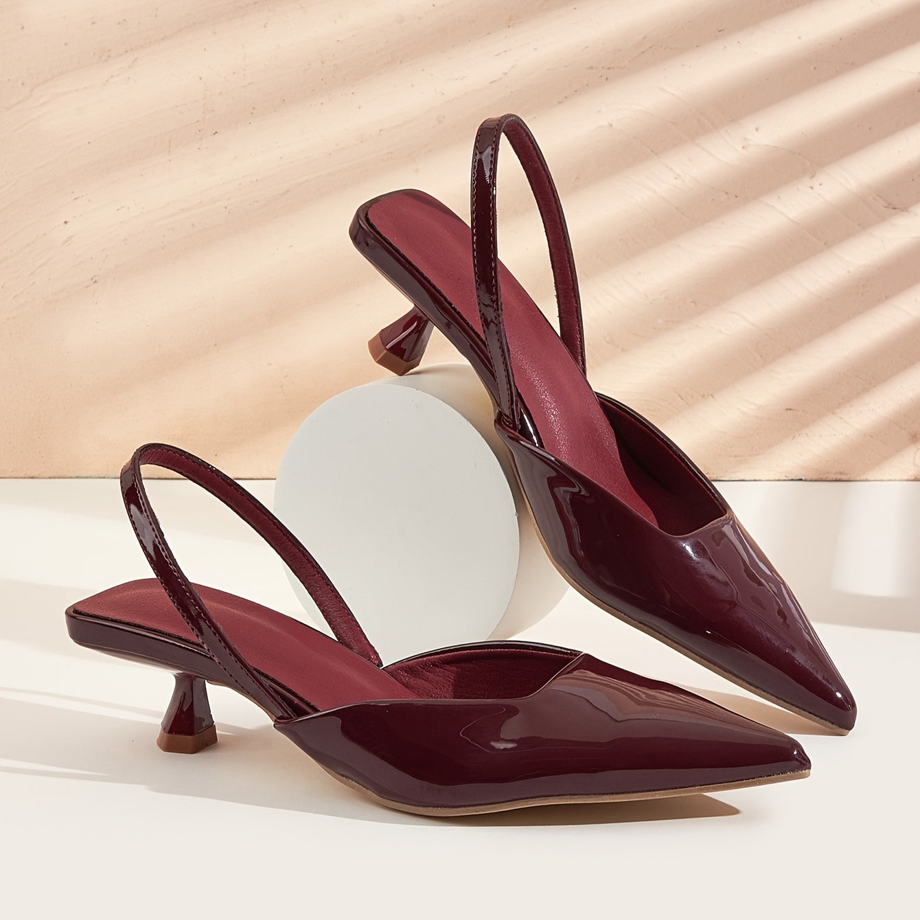 Women's Faux Leather Kitten Heel Pumps with Pointed Toe and Ankle Strap in Black Burgundy Red Yellow