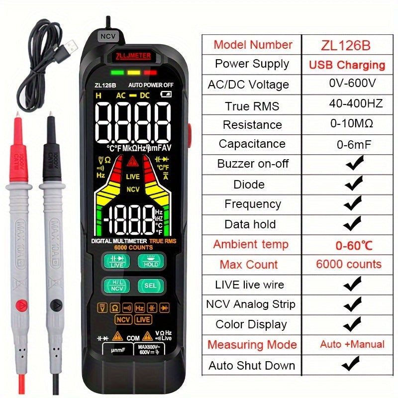 Digital Multimeter with Analog-Digital Display USB Rechargeable Pen Style AC/DC Voltage Current Capacitance Temp True RMS
