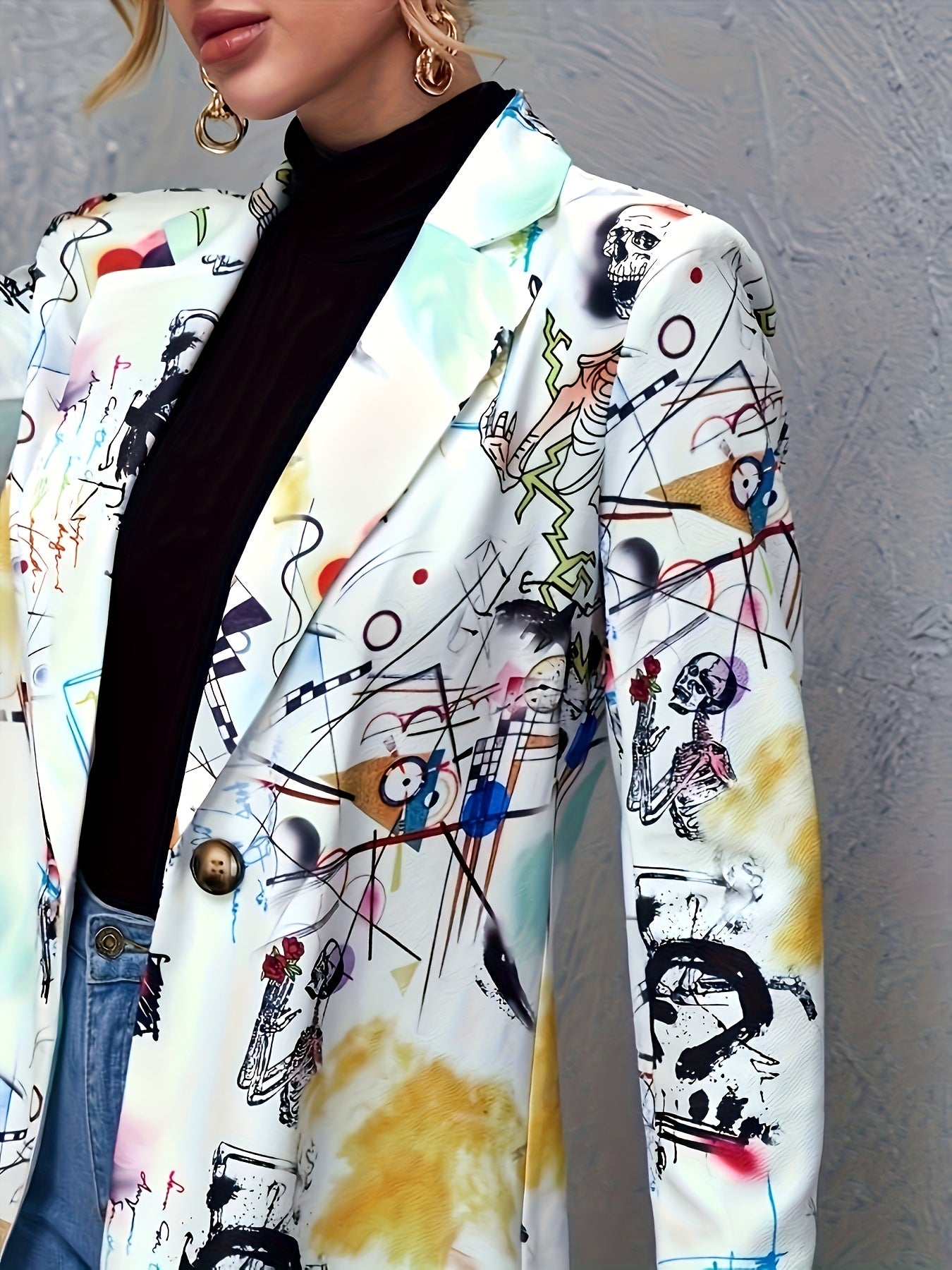 Plus Size Graffiti Print Blazer with Long Sleeves Open Front Casual Outerwear