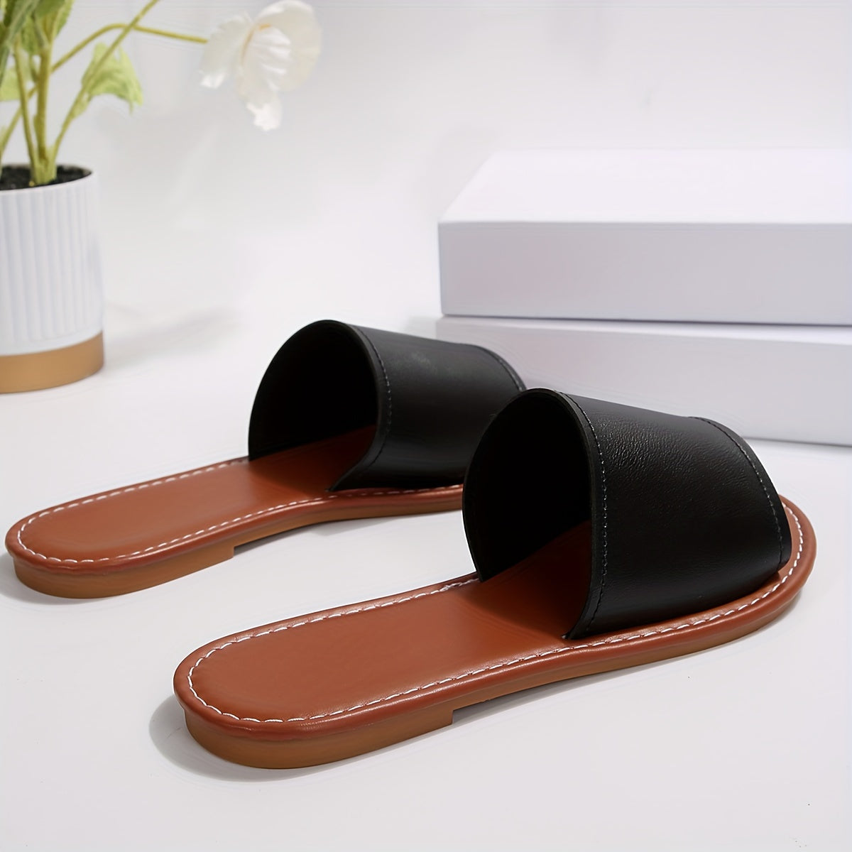 Women Flat Sandals Single Strap Black Summer Casual Flip Flops
