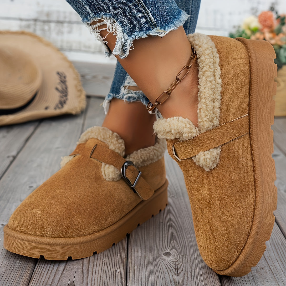 Women's Cozy Winter Ankle Boots Plush Lined Buckle Casual Brown Rubber Sole
