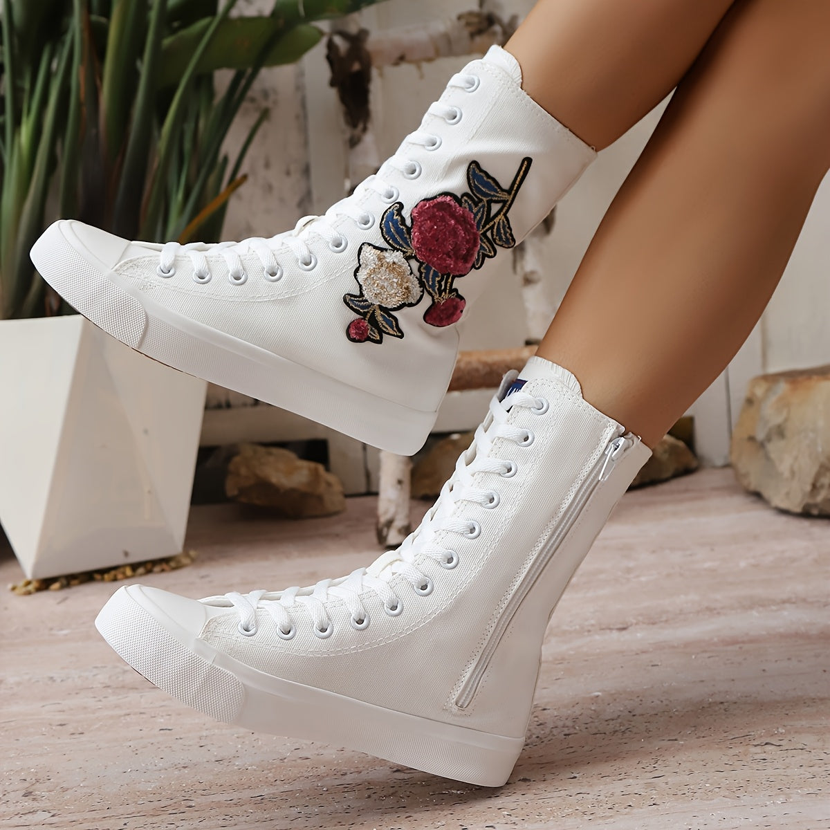 Women's Floral Embellished Mid-Calf Boots Leather Low Heel Casual All-Season