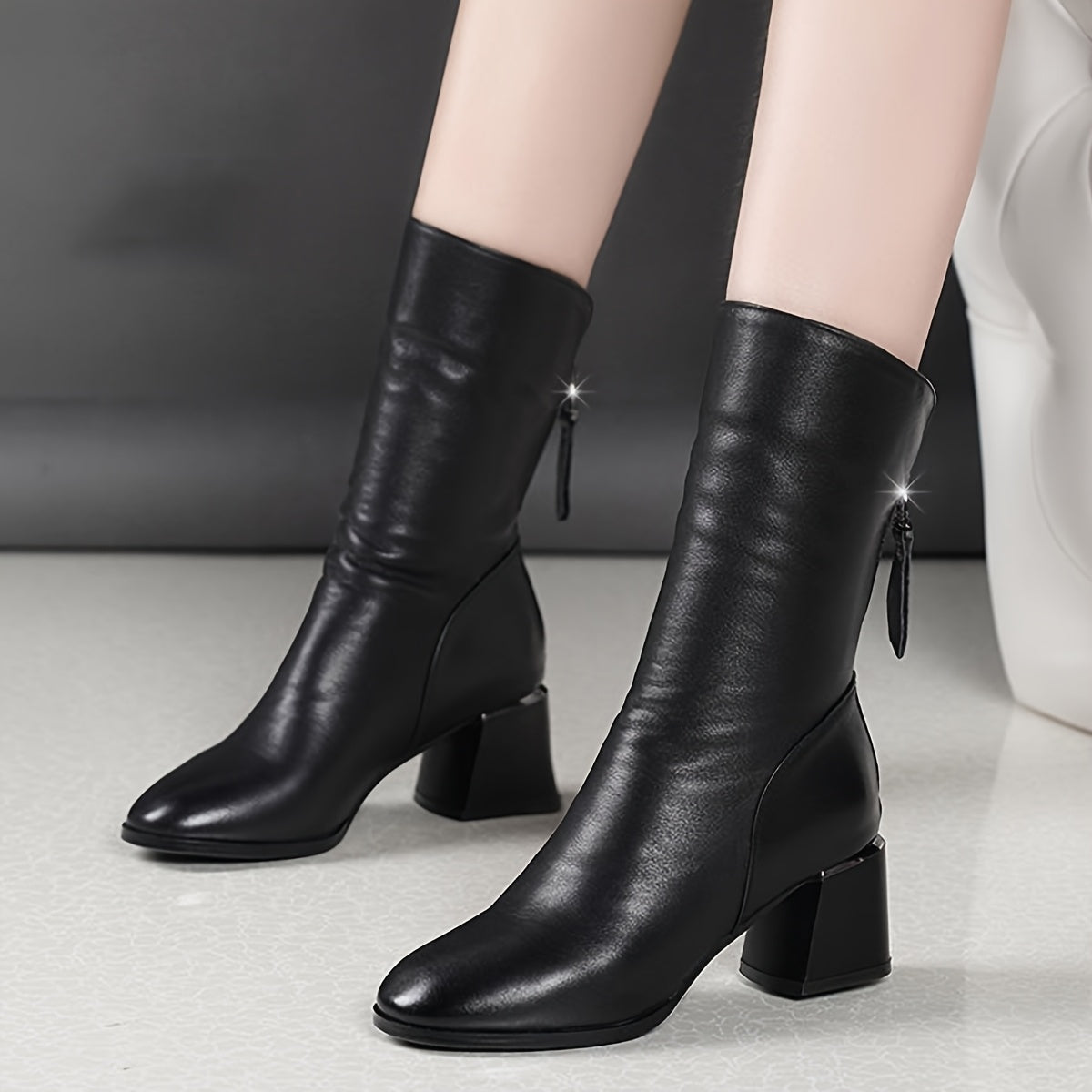 Women's Faux Leather Ankle Boots with Chunky Heel and Back Zipper