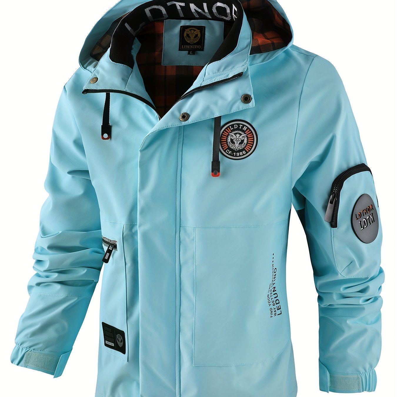 Chaqueta ligera casual de poliéster para hombre con múltiples bolsillos y capucha con cordón