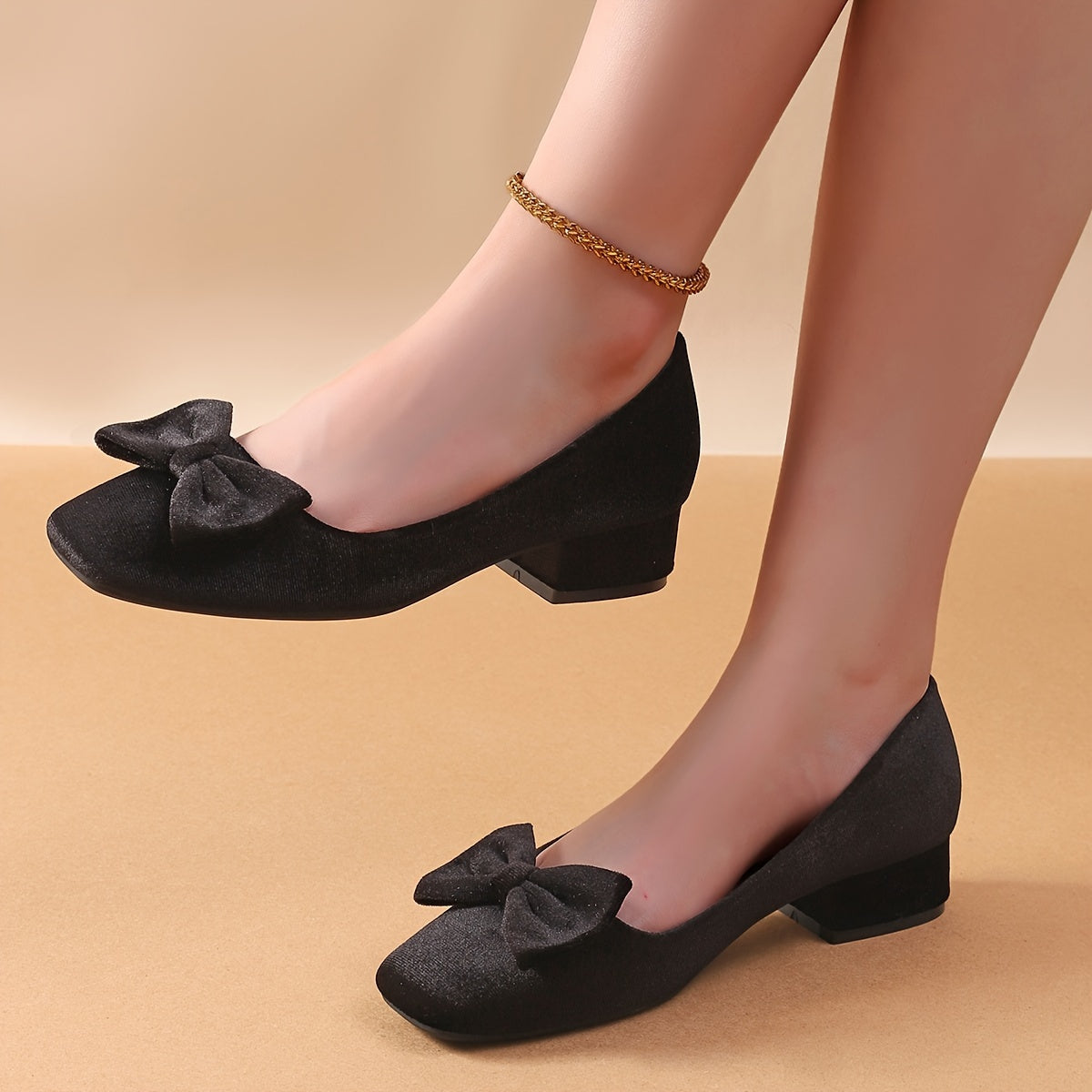 Women's Velvet Bowknot High Heels Square Toe Chunky Heel Office Shoes