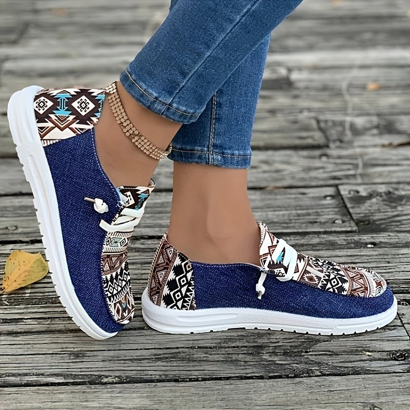 Women's Canvas Sneakers Casual Low Top Flat Shoes Lightweight Geometric Pattern