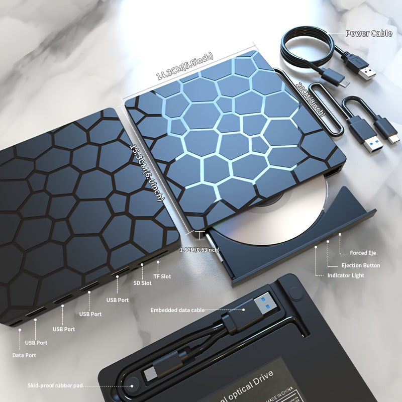 8-in-1 USB 3.0 External CD/DVD Drive for Mac Windows Linux with SD Card Reader