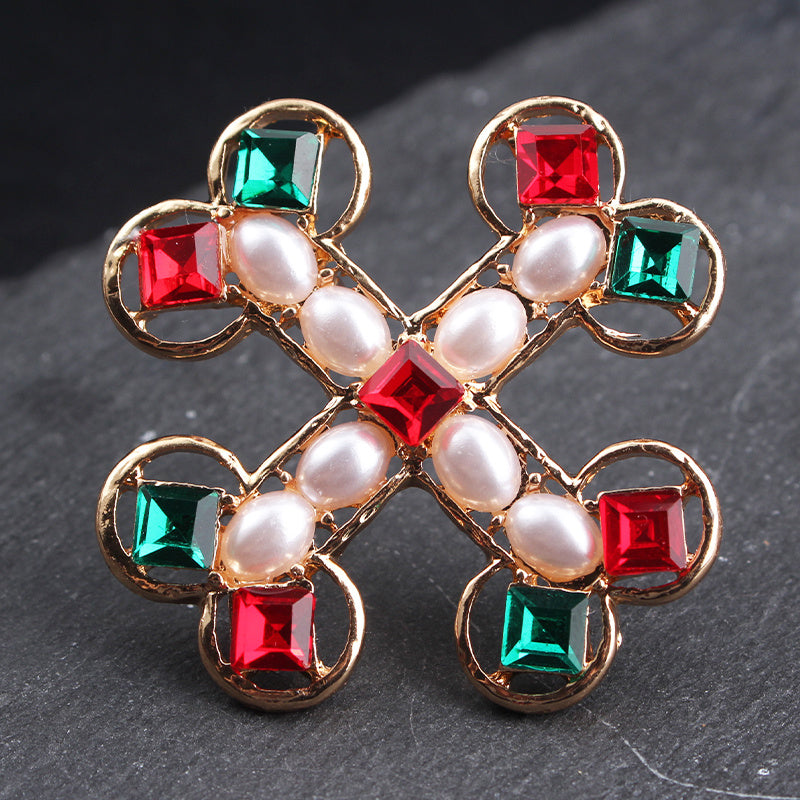 Women's Retro Baroque Cross Brooch Rhinestone Irregular Shape Jewelry