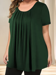 Camiseta de mujer de talla grande con pliegues y botones, verano casual de color sólido con cuello redondo