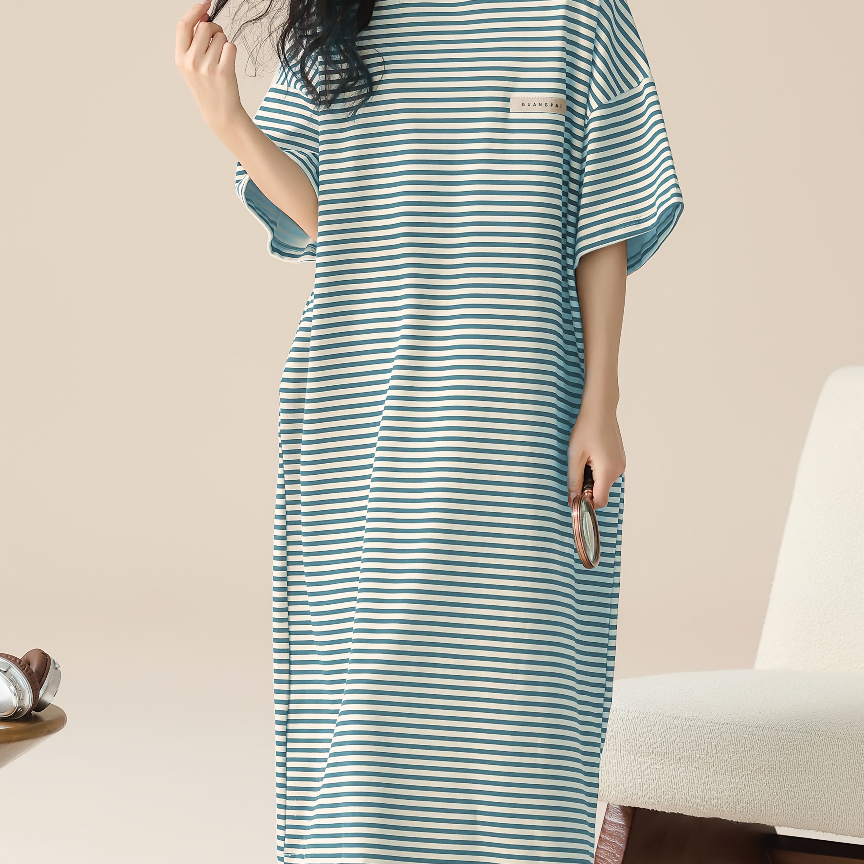 Plus Size Women's Sleep Dress Polyester Striped Long Lounge Wear