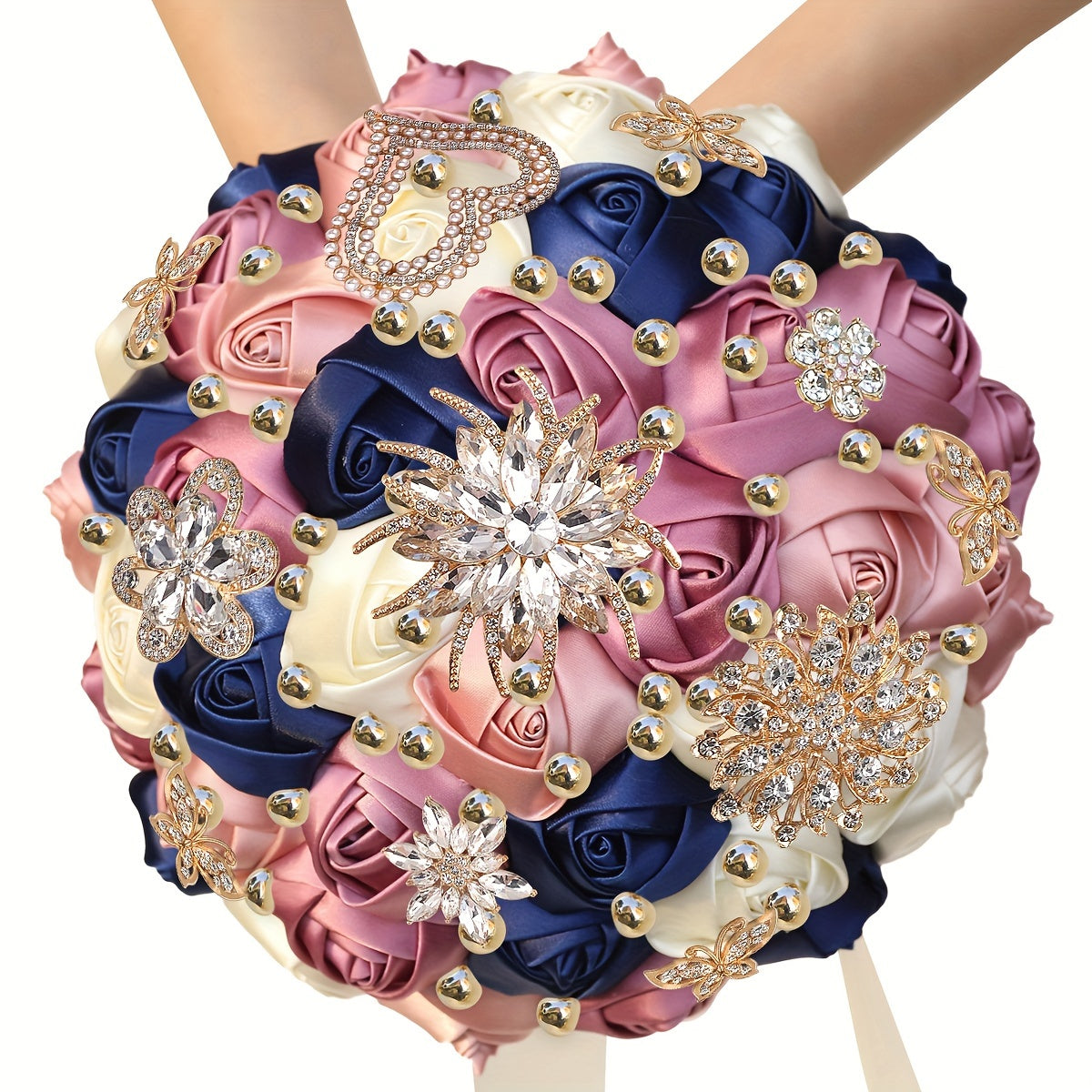 Qoʻlda tayyorlangan güllü toʻylik buketi, satinning gullari, rhinestonelar, marjon bezaklari, toʻy sovgʻasi