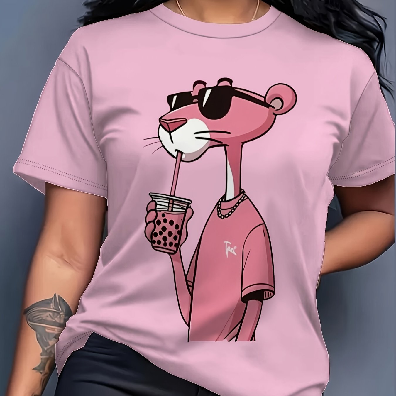 Plus Size Women's Pink Panther Graphic T-Shirt Casual Short Sleeve Comfortable