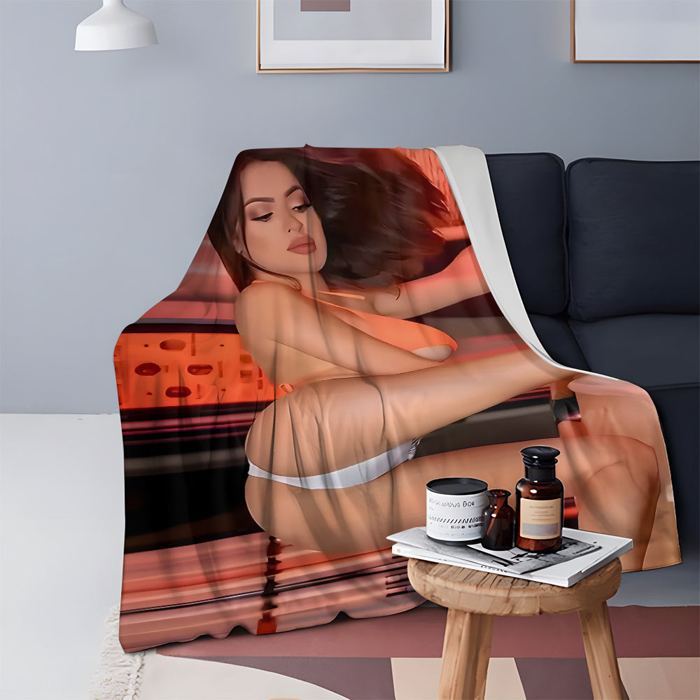 Soft and Cozy Flannel Throw Blanket with Blonde Model Design for Living Room Bedroom Outdoor Camping