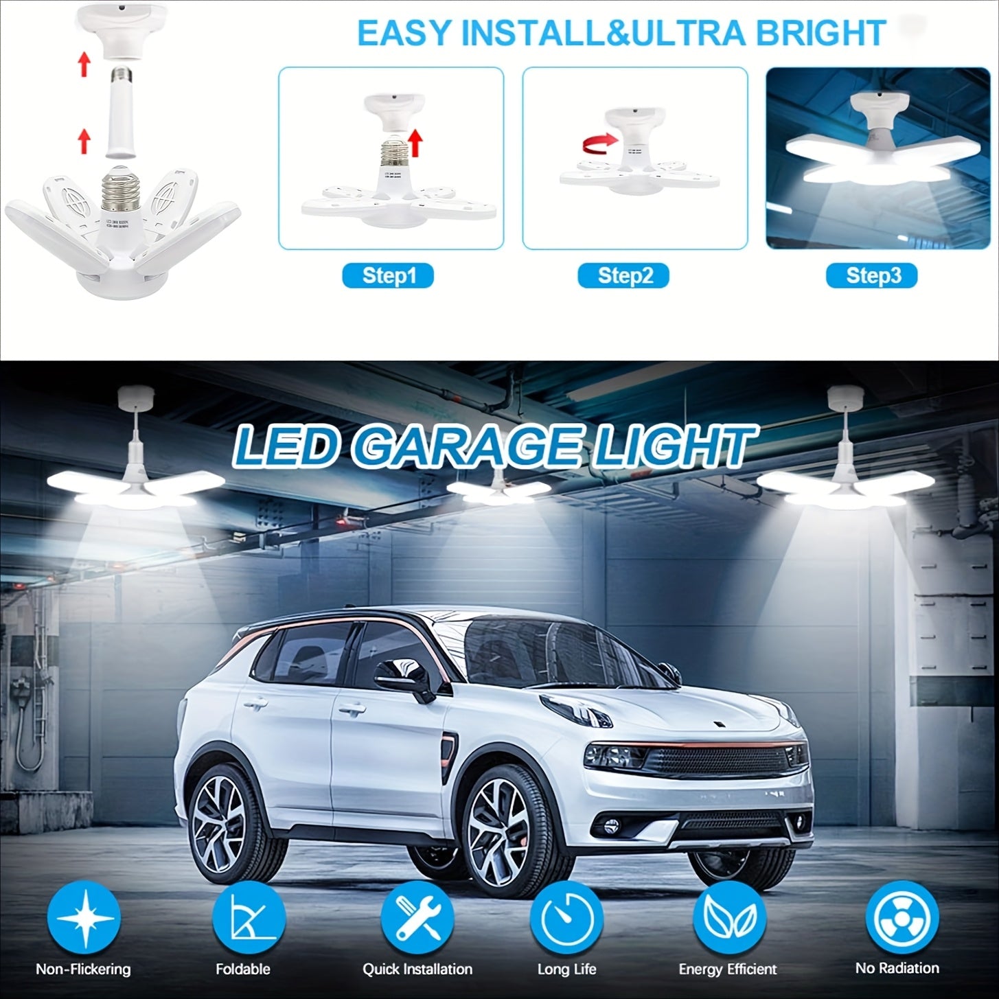 Luz de techo LED E27 plegable con aspas de ventilador y temporizador, blanca, para uso en interiores