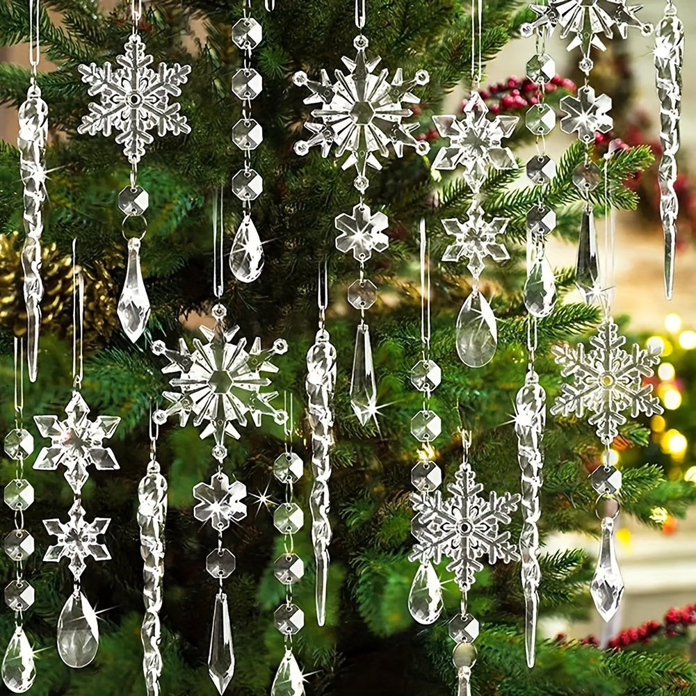 Juego de 20 adornos de árbol de Navidad de copo de nieve y carámbano de acrílico para decoración navideña