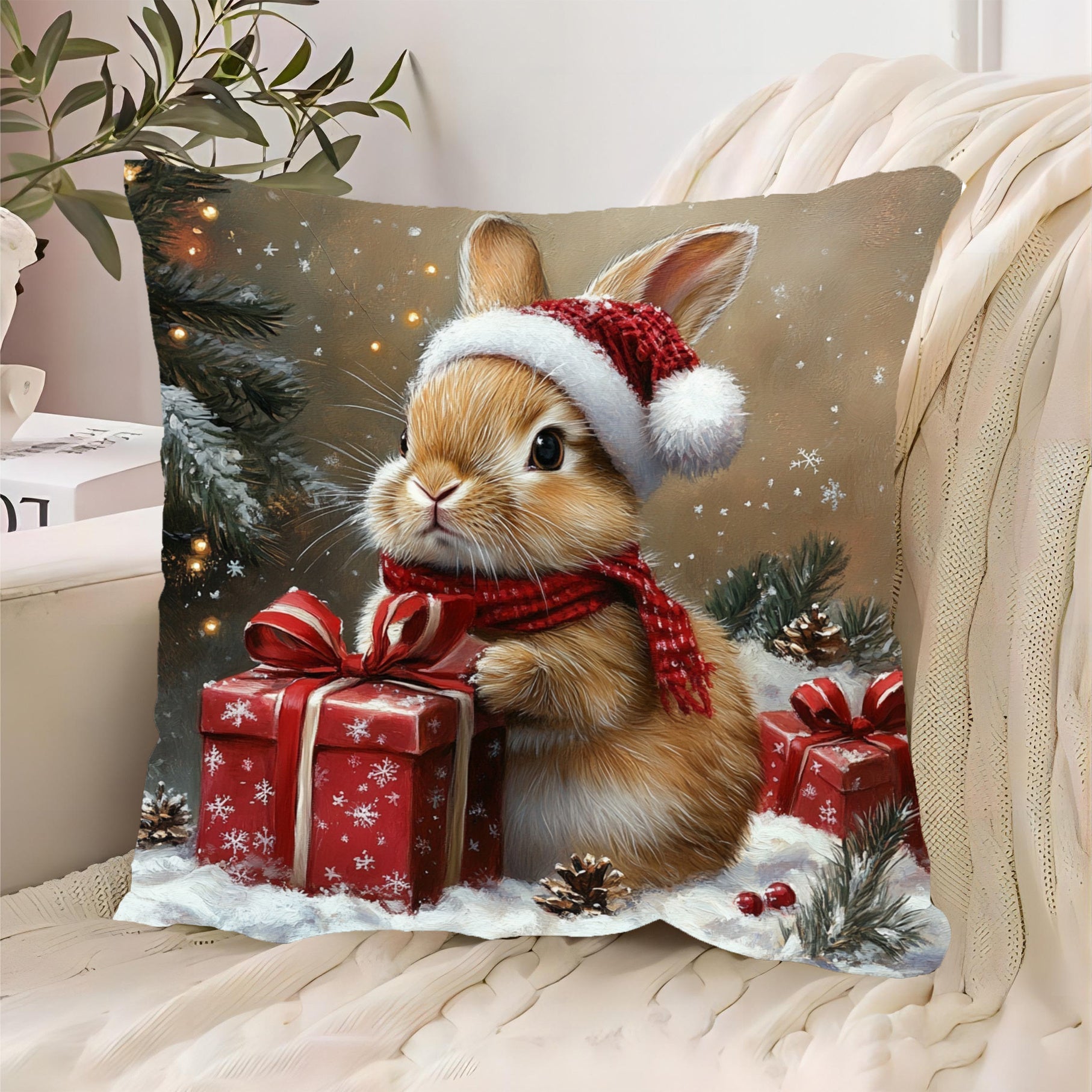 Short Plush Decorative Pillow 45.72cm Brown Rabbit Christmas Sofa Bedroom Decor