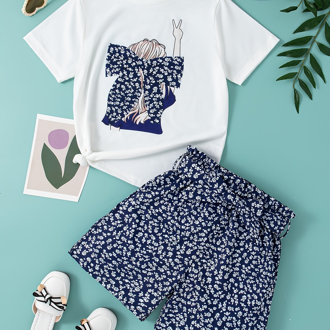 Girls Summer Outfit Set with Floral Shorts and Crew Neck Short Sleeve Top