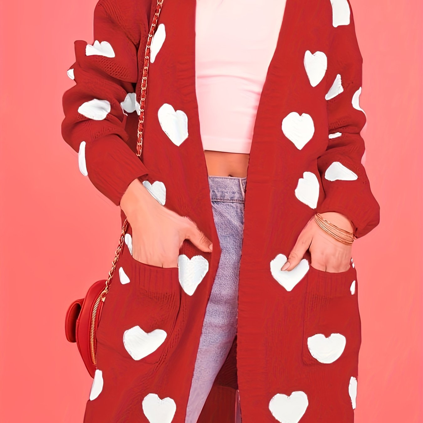 Women's Plus Size Red White Heart Pattern Cardigan Long Sleeve Open Front Sweater