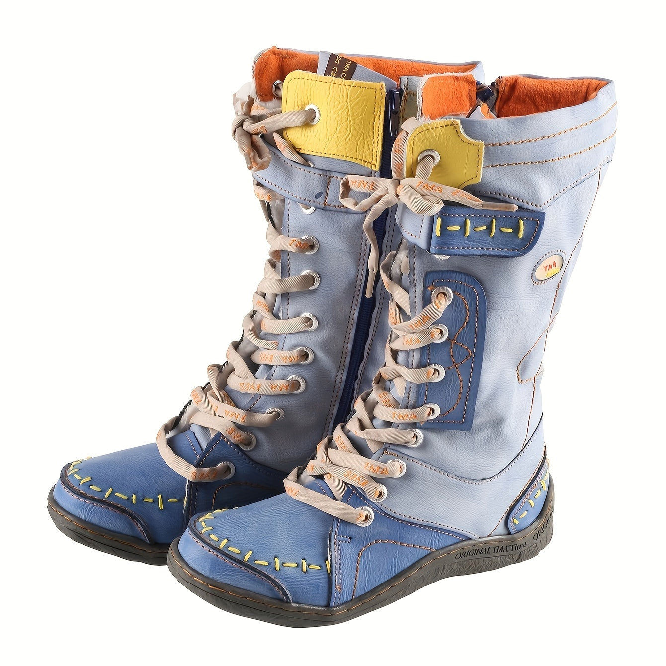 Women's Leather Fleece Lined Color-Blocking Hiking Boots Non-Slip Mid-Calf