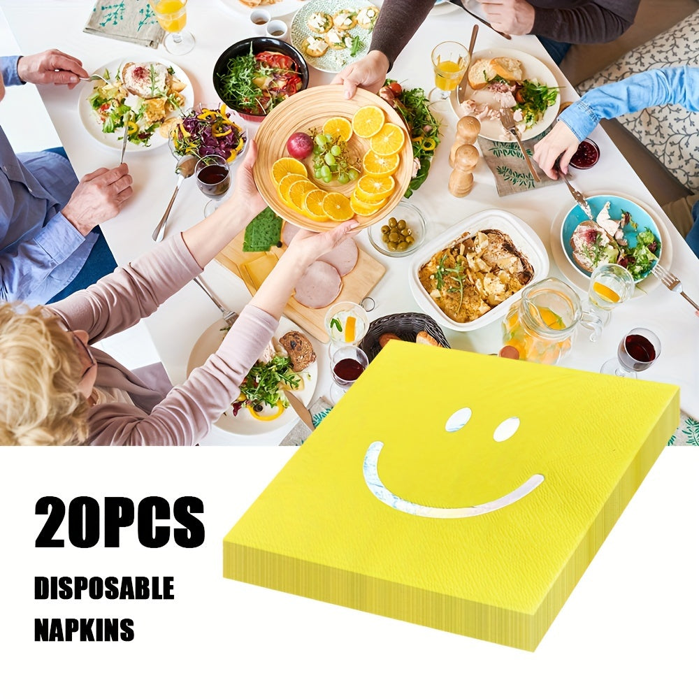 Set of 20 Yellow Smiley Face Disposable Napkins 2-Ply Paper 33 cm for Parties