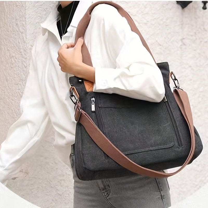 Women's Canvas Tote Bag Large Capacity Zipper Closure Detachable Strap Black