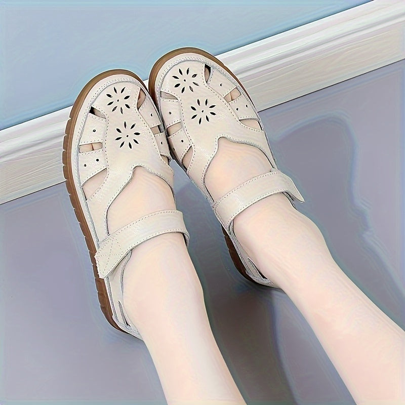 Women's Breathable Leather Sports Sandals with Hook and Loop Fastener and Cut Out Design