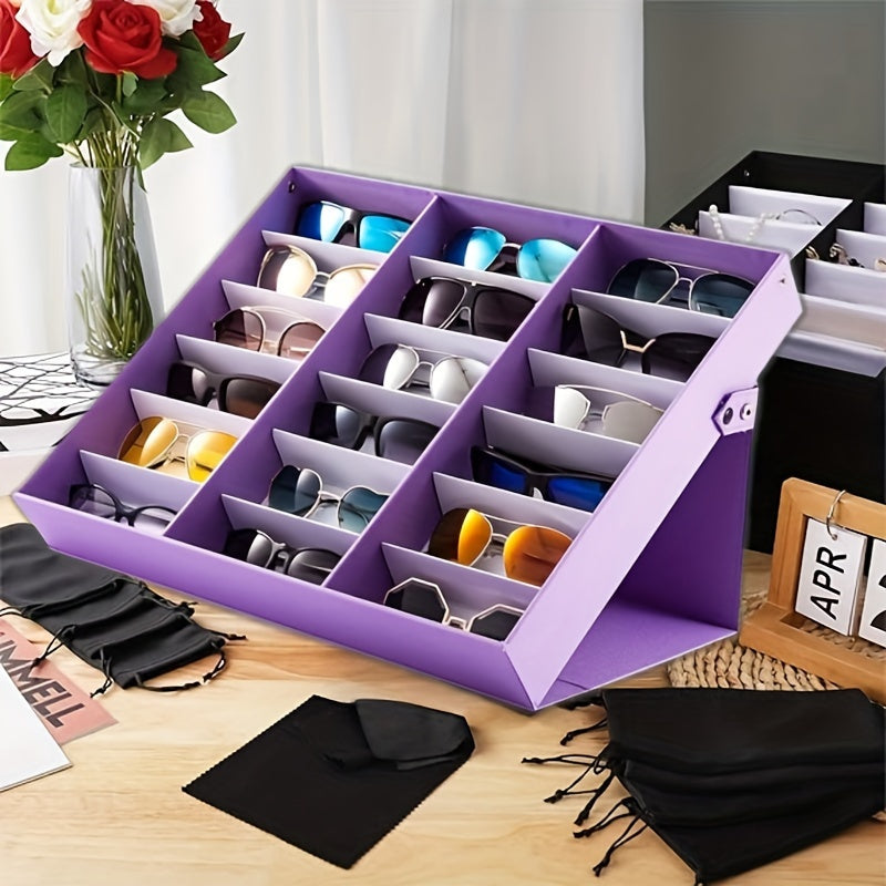 Women's Jewelry Storage Box with 18 Slots for Eyeglasses Artificial Leather Stand Purple Red Blue-Grey