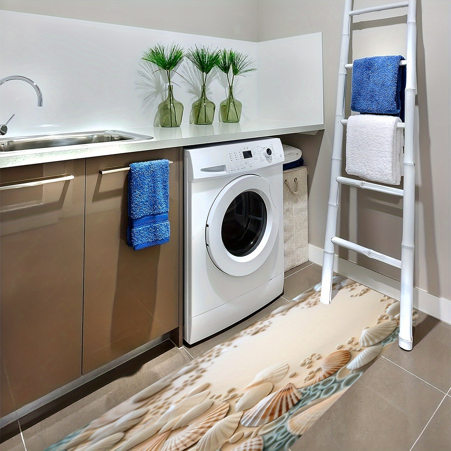 Ocean Coastal Bathroom Rug Non-Slip Floor Mat Washable Small Shower Carpet Nautical Beach Style