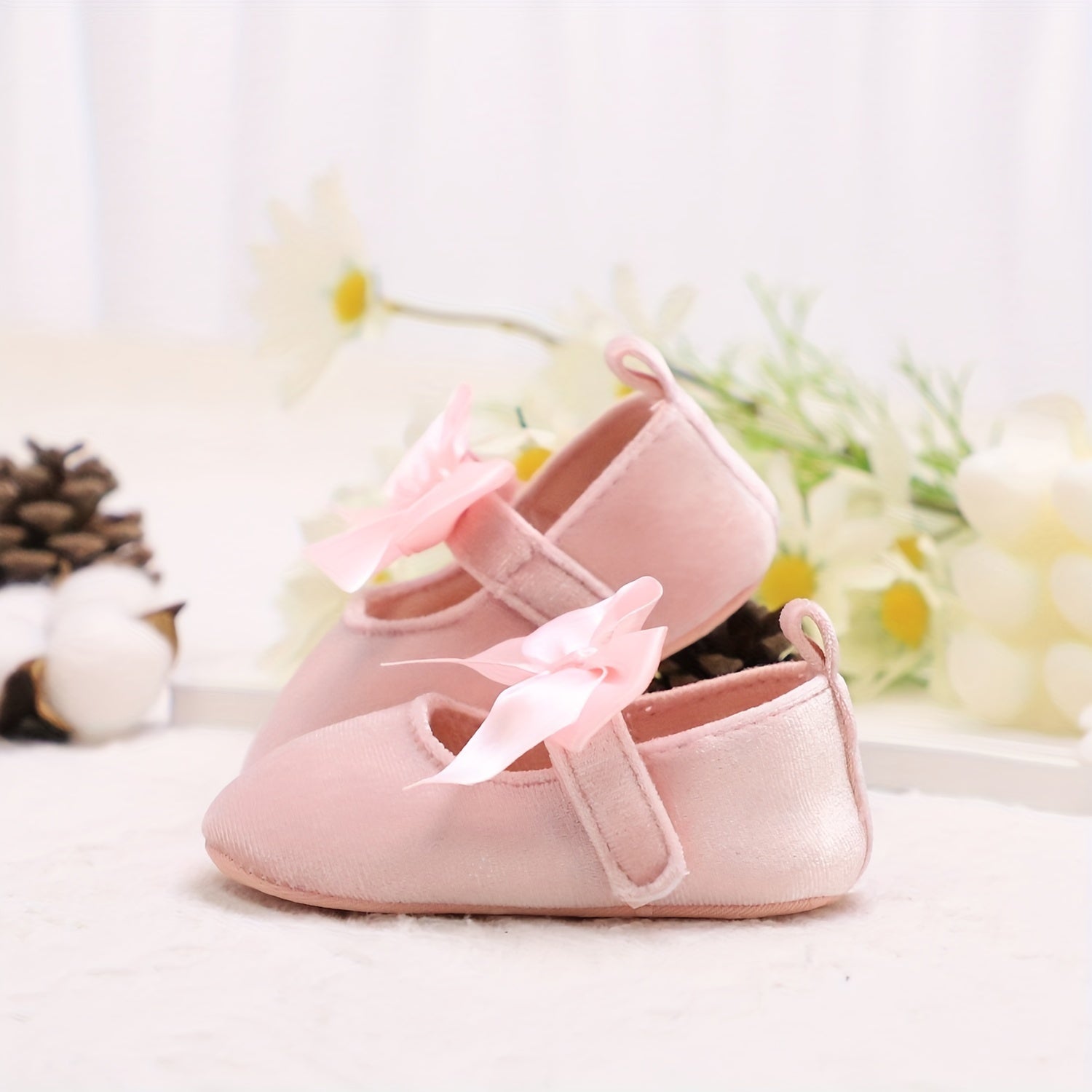 Baby Girl Walking Shoes Non-Slip Mary Jane Bowknot Fabric Comfortable Flexible Sole Pink Gray White