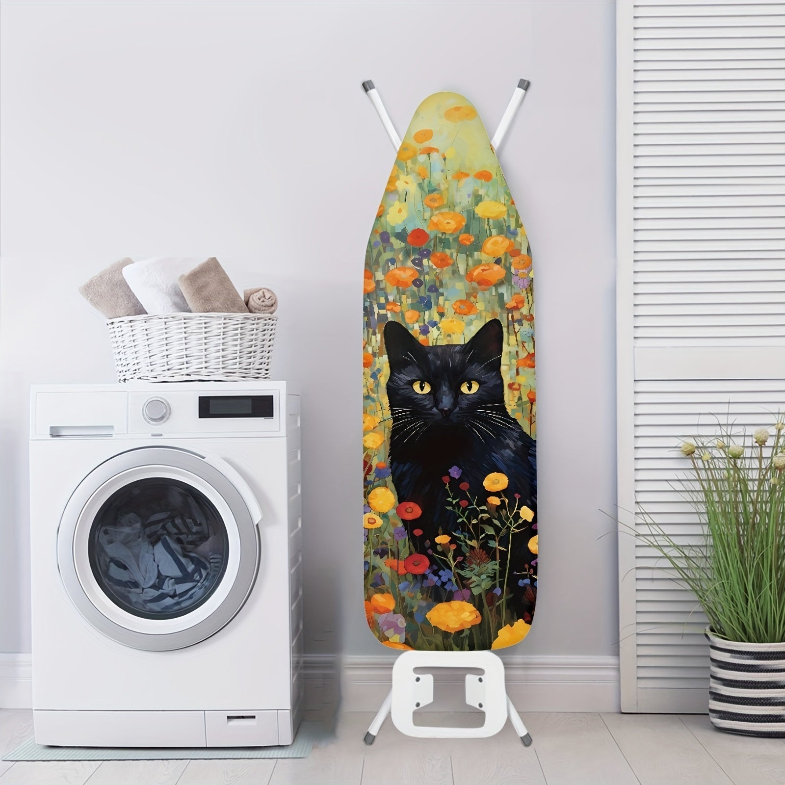 Ironing Board Cover with Elastic Edge Black Cat Floral Print Standard Size Dust-Proof Protector