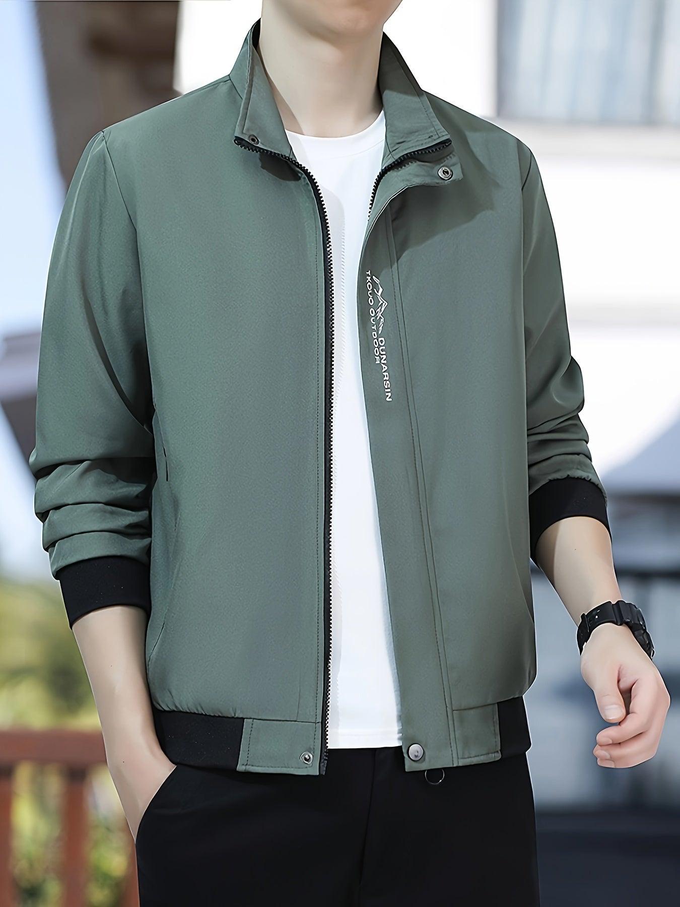 Men's Casual Zip-Up Jacket with Stand Collar Long Sleeve Fall Winter Polyester