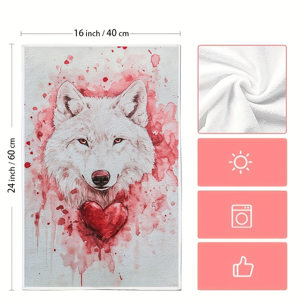 Qizil yurak bilan Valentine’s Day Wolfy dizayni bilan 2 ta oq oshxona sochiq to'plami