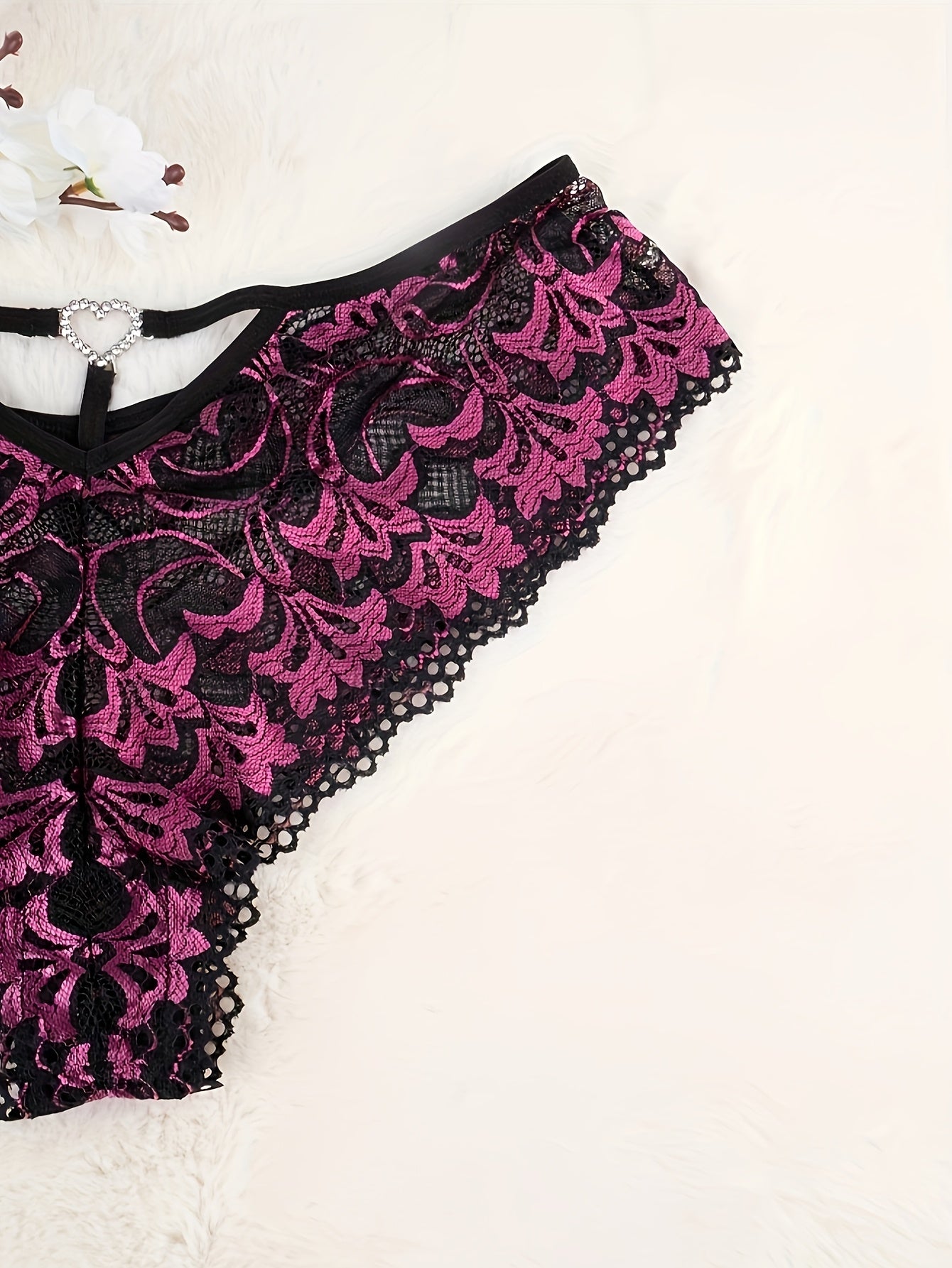 Plus Size Women's Sheer Lace Floral Thong with Heart Design Breathable