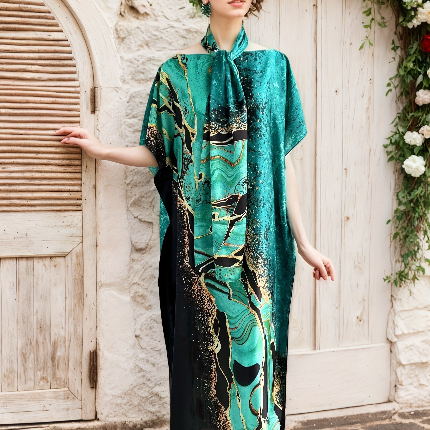 Plus Size Women's Maxi Dress Flowy Formal Casual Emerald Green Geometric Print