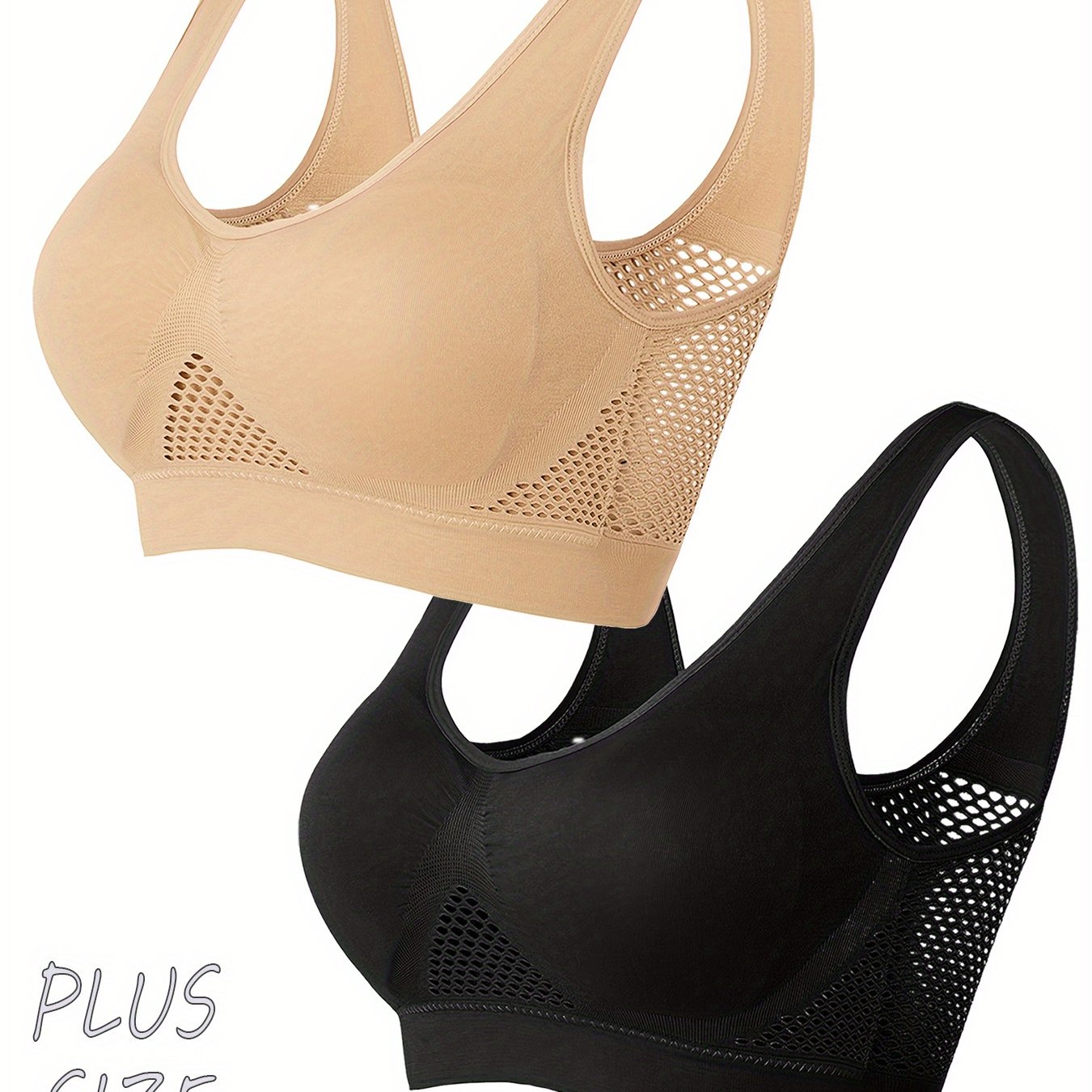 Plus Size Sports Bra No Seam Mesh Breathable Supportive Black Beige 2 Pack